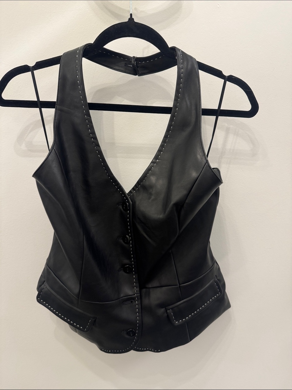 Black Leather Button-Front Vest with Contrast Stitching